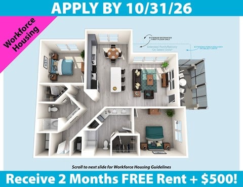 Floor plan for 2 beds, 2 baths, 1166 sqft
